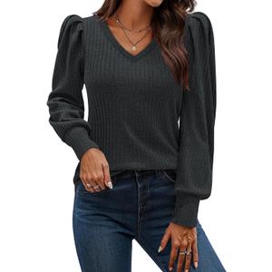 HOTOUCH Women's Knit Shirt Soft Puff Long Sleeve Blouse Tops Lightweight V Neck Tunic XS-XXL (Black, L)