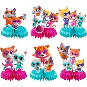 6Pcs Super Kitties Party supplies set Honeycomb Centerpieces Double Sided Table Topper for Super Kitties birthday party decoration (Red2)