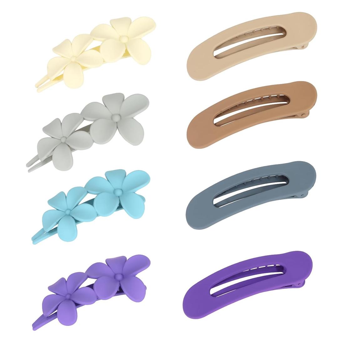 CAVETEE Flat Hair Clips for Women, 8 PCS Hair Claw Clips with Flower Duck Billed Clip for Women and Girls Thin Hair