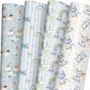 SaringSwoon Baby Shower Wrapping Paper for Boys Birthday Baby Shower - Blue Gift Wrap With Funny Animals, Airplane, Rainbow, Elephants, Balloon and Baby Boy Design - 2029 Inches, 8 Folded Sheets