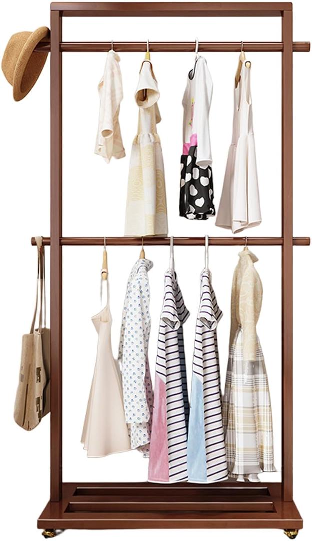 Solid Wood Clothes Rack with Wheels, Removable Double Rod Garment Rack with Bottom Shelf, Freestanding Clothing Organizer, Portable Wardrobe Rack for Bedroom Entryway Living Room (Walnut color)