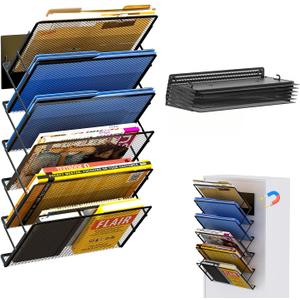 Magnetic File Holder, 6-Tier Foldable No Drilling Magnetic File Folder Holder, Space-Saving Black Magnetic Hanging File Organizer for Whiteboard, File Cabinets, Refrigerator, Office, Kitchen