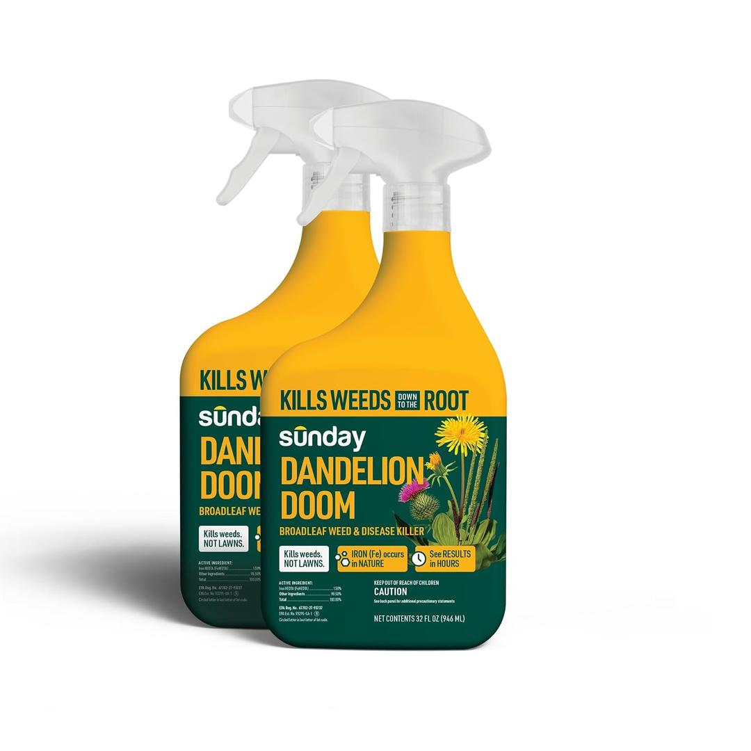Sunday Dandelion Doom, Iron-Based Weed & Moss Killer, 32oz 2-Pack | Selective broadleaf formula kills algae & lichen; spares grass. Pet-friendly once dry. Ready-to-use spray.