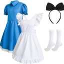 Girls Blue Dress with White Apron Headband Stockings Reading Day Outfits Set Halloween Costumes for Kid 5-14 Years (11-12 Years)