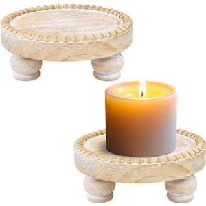 Small Wood Risers for Decor, Round Wooden Display Risers Candle Plates and Trays, Farmhouse Candle Trays Home Decor, Pedestal Stand for Mini Cake, Mug Display Decorative, Table Centerpiece, Brwon