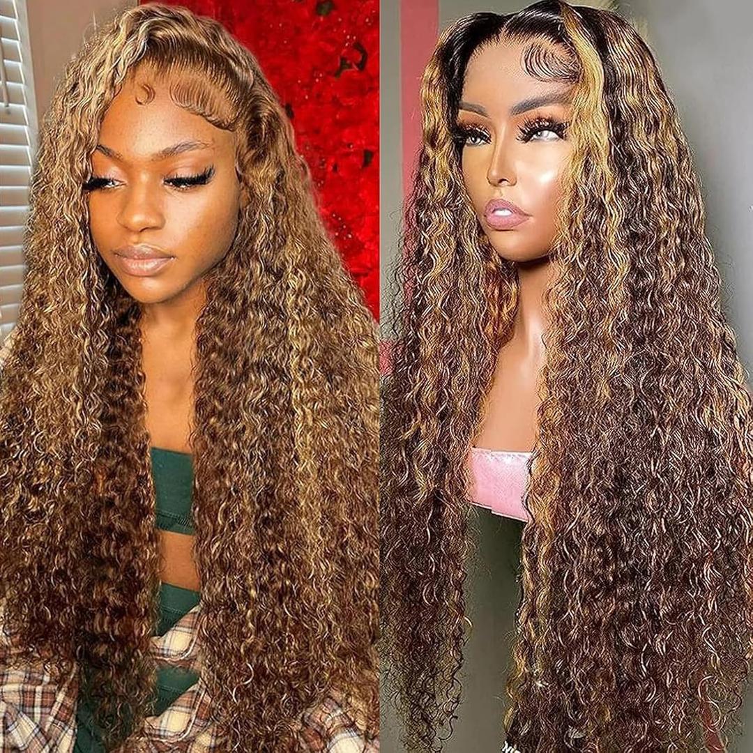 5x5 Highlight P4/27 Brown Jerry Curly Lace Front Wigs Human Hair Dark Brown Jerry Curly Human Hair Wig 200% Density Brown Jerry Curly HD Lace Front Wigs Human Hair, 14 Inch