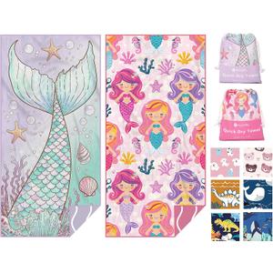 Eunzel 2 Pack Microfiber Kids Beach Towel, Quick Dry Towels for Girls & Boys Sand Free Travel Towel for Beach, Camping, Swim Pool 60"x30"Mermaid Tail& Mermaid
