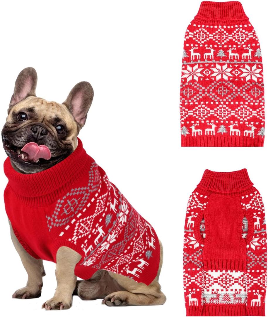Dog Christmas Sweater, Thick Warm Doggie Sweatshirt with Leash Hole, Snowflake Reindeer Dog Holiday Pullover Sweaters for Cold Weather, Winter Knit Turtleneck Dogs Sweater for Small Dogs S