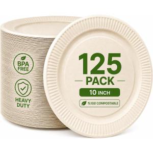 Compostable Sugarcane Plates 10 Inch, 125 Pack Heavy Duty, Leak & Oil Proof, Microwave Safe Bagasse Dinner Plates for Eco-Conscious Hosts | Outdoor BBQ, Wedding, Baby Shower, Camping, Catering