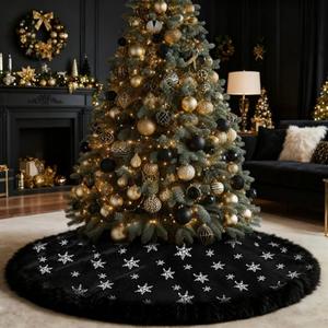 Sofevaim Black Christmas Tree Skirt, 48 inch Large Furry Faux Fur Tree Skirt with Silver Sequin Snowflake, Black and Silver Tree Rug for Halloween Xmas Holiday Party Decorations Tree Mats