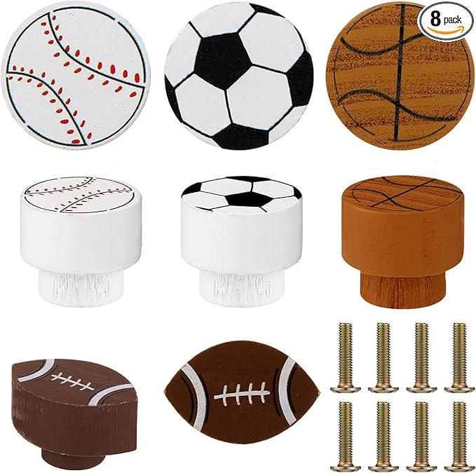 Menkxi 8 Pcs Sports Ball Dresser Knobs for Kids Baseball Basketball Dresser Drawer Knobs for Boys Football Soccer Sports Nursery Hardware Drawer Pulls Handles for Cabinet Party Decor (Cute Style)