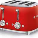 SMEG 4 Slice Toaster TSF03, Retro Stainless-Steel Toaster with Wide Slots for Bagels, 6 Browning Levels, Defrost Reheat Bagel Functions, Dual Controls, Crumb Trays,1800W - TSF03RDUS - Red