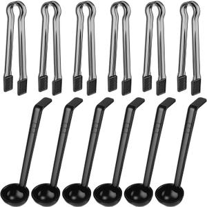 12 Pieces Plastic Serving Utensils Set Including 6 Pcs 1 oz Small Ladle and 6 Pcs Tong Acrylic Long Handle Ladle for Serving Sauce, Soup, Dressing, Punch Bowl, Gravy for Party Banquet Catering(Black)