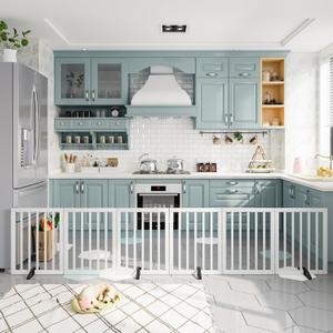 Dog Gates for Doorways Extra Wide 110inches (9ft), Wooden Freestanding Pet Gates for Dogs with 4 Support Stands, Foldable Gates for Dogs Indoor (White)