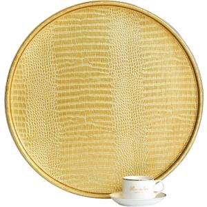 HofferRuffer Round Serving Tray 20'', Elegant Faux Leather Circle Ottoman Table Tray, Serve Tea Coffee Breakfast in Bedroom Living Room Kitchen (Gold, 20")