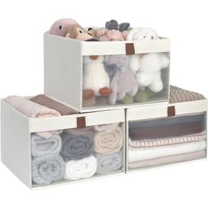 StorageWorks Closet Storage Bins, Extra Large Storage Baskets with Clear Window and Handles, Foldable Fabric Organizer for Clothes, Shelves, Beige, 3 Pack