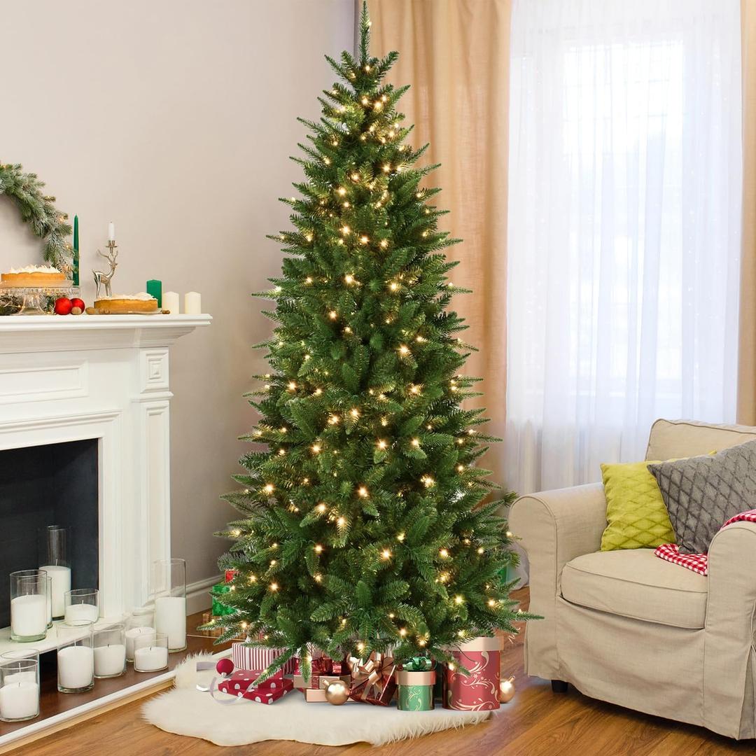 5ft Pre-Lit Artificial Pencil Green Christmas Tree with Warm White 200 LED Lights, Hinged Realistic Slim Xmas Tree w/Sturdy Metal Stand, 610 Tips for Home, Office, Party Decoration