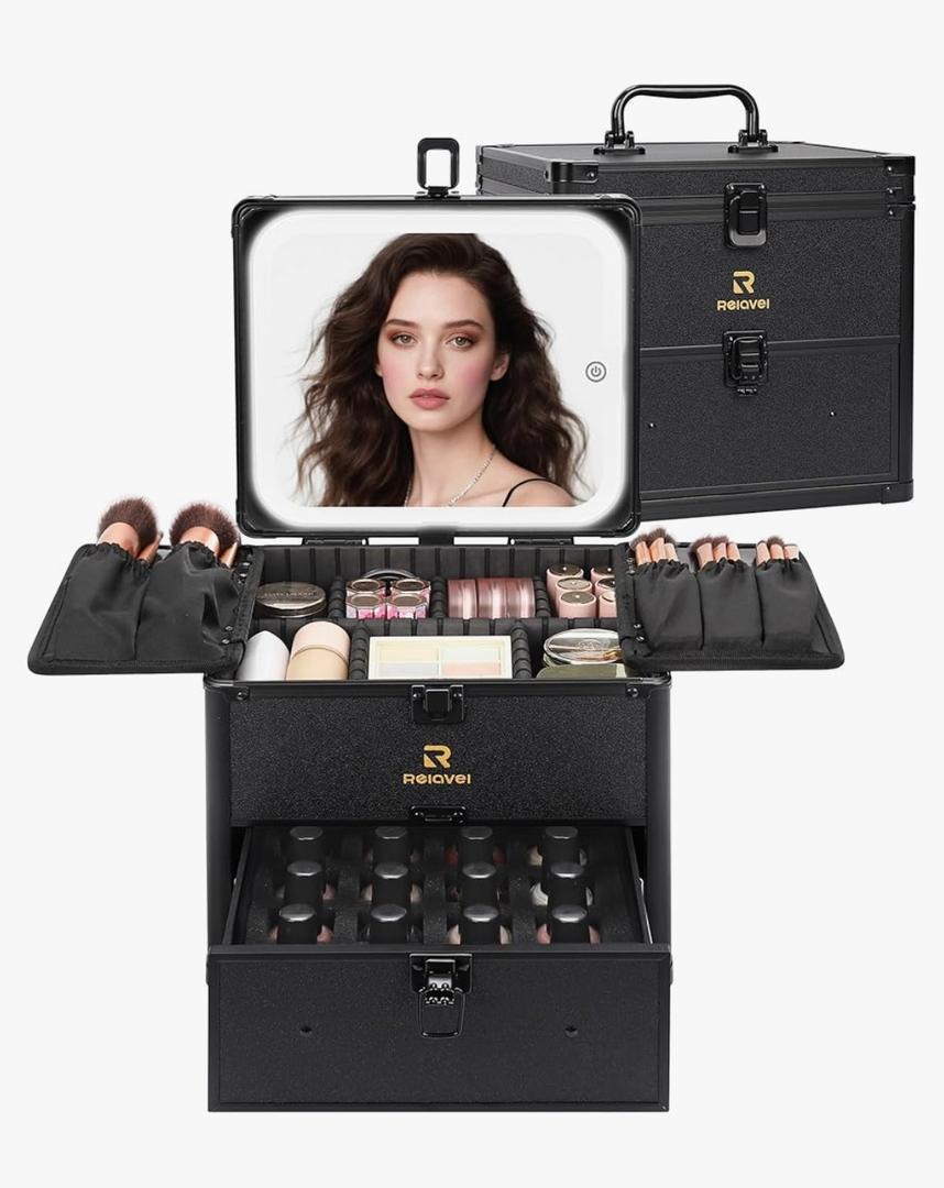 Relavel Makeup Bag with LED Mirror, Dual Layer Cosmetic Train Case with Light up Mirror Large Travel Makeup Artist Organizer Bag for Women with Adjustable Dividers & Nail Polish Organizer, Blac