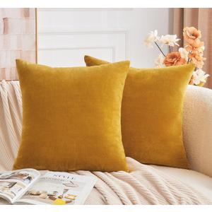 Throw Pillow Covers Mustard Yellow Set of 2 18x18 Inch Fall Pillow Covers, Soft Velvet Farmhouse Neutral Decorative Pillowcases for Couch Sofa Bed, Home Boho Decor, Modern Cushion Covers