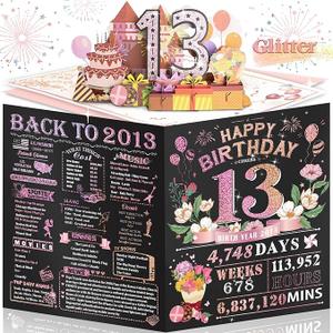 13th Birthday Card for Women Her, Large 3D Pop Up 13th Birthday cards for Mom Wife, Happy 13 Year Old Birthday Decorations for Grandma, Mother, Daughter Funny Birthday Gifts, Back to 2013, Pink