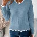 Womens V Neck Pullover Sweaters Long Sleeve Scallop Trim Knit Tops Loosed Fit 2026 Fall Outfits (Medium, Blue)