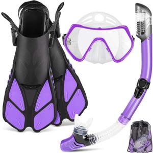 ZEEPORTE Mask Fin Snorkel Set, Travel Size Snorkeling Gear for Adults with Panoramic View Anti-Fog Mask, Trek Fins, Dry Top Snorkel and Gear Bag for Swimming Training, Snorkeling Kit Diving Packages (S/M, Purple)