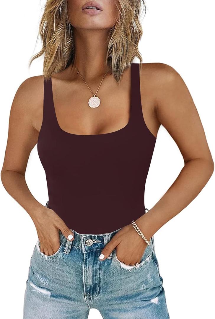 Chunpin Women's Square Neck Tank Bodysuit Sleeveless Tank Top Double Lined Body Suit Going Out Outfits Thong Bodysuits (Red, S)