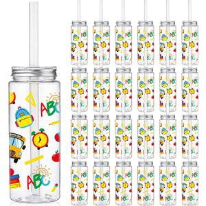 24 Pcs Back to School Plastic Cups for Party with Straw Lid 14.2oz Reusable Tumbler Cups Clear Drink Bottles Containers for Juices Beverage School Party Decorations Supplies(Classic Style)