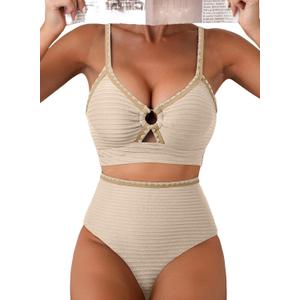 Herseas Women's Textured Bikini Sets O Ring Swimsuits Whip Stitch High Waisted Bathing Suits 2026 Summer Beach Wear (Beige, S)