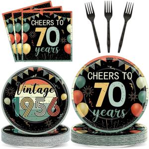 96Pcs Vintage 70th Birthday Party Decorations Back in 1956 Paper Plates and Napkins Cheers to 70 Years Disposable Tableware Set for Men Women 70 Year Old Birthday Anniversary Party Supplies Serves 24