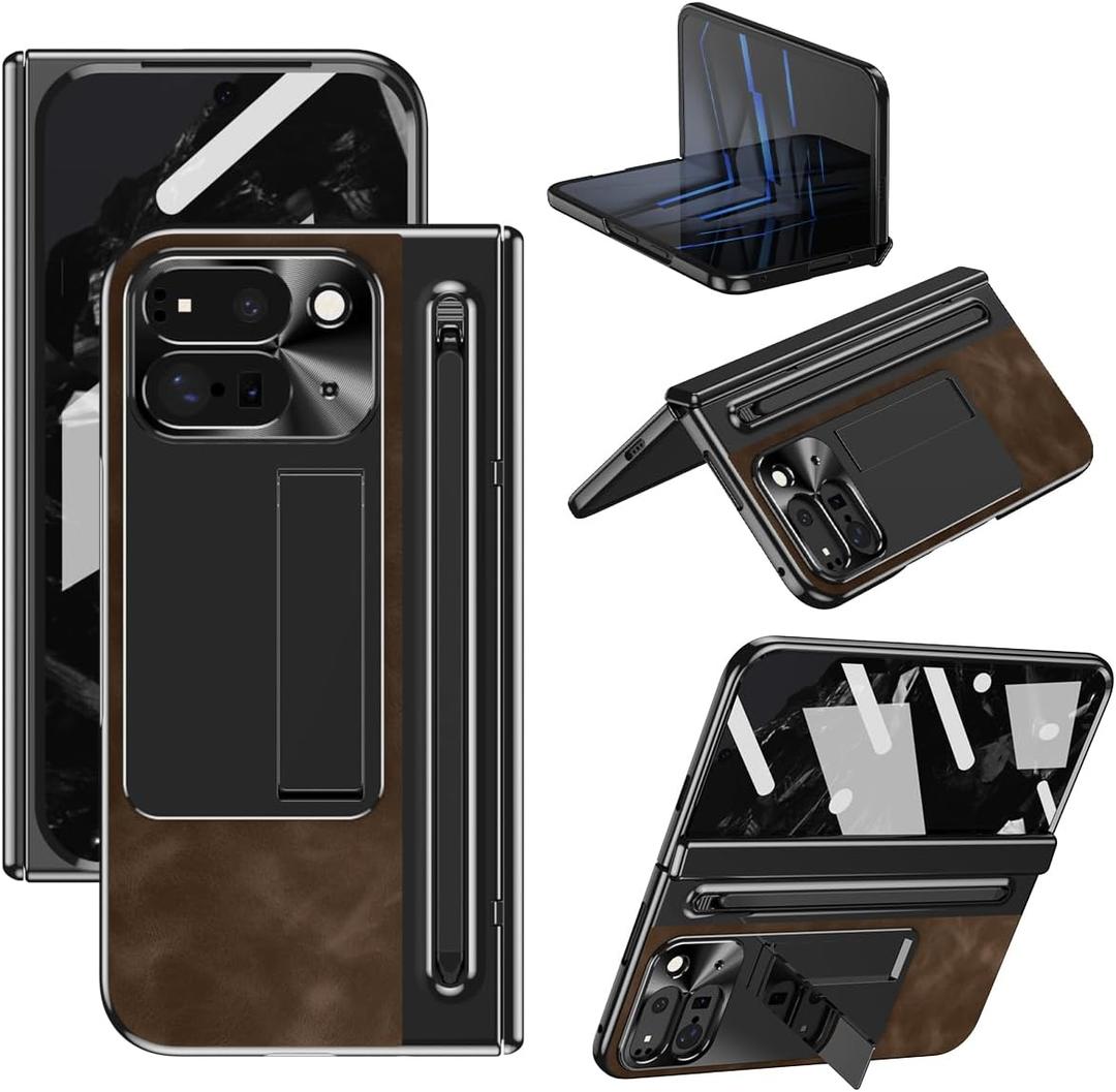 for Google Pixel 9 Pro Fold Case with S Pen Holder & Stylus, PU Leather Case with Hinge Protection, Screen Protector, Kickstand, Protective Cover for Google Pixel 9 Pro Fold Coffee