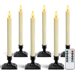 Homemory Real Wax Window Candles with Remote Timer Dimmer, Flameless Taper Candles with Holders, Christmas Candle for Window Battery Operated, LED Candlesticks for Home Holiday Decor,6 Pcs Ivory