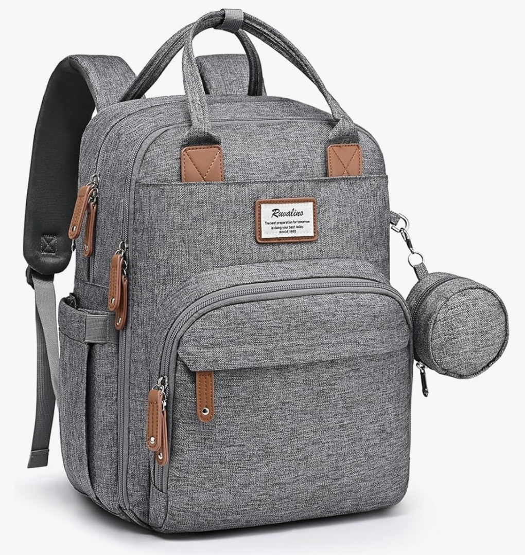 RUVALINO Diaper Bag Backpack-Multifunction Travel Baby Diaper Bag with Changing Pad, Insulated Bottle Holders & Pacifier Case, Large Capacity, Waterproof, Gray