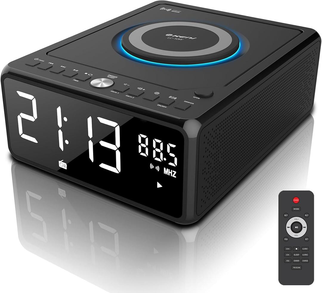 Gelielim CD Player Alarm Clock Radio with Remote, Bluetooth Boombox CD Players for Home, 10W Fast Wireless Charging,FM Radio CD Player, Support AUX/USB/Timer/Dimmer/Auto Time Setting, Large LCD