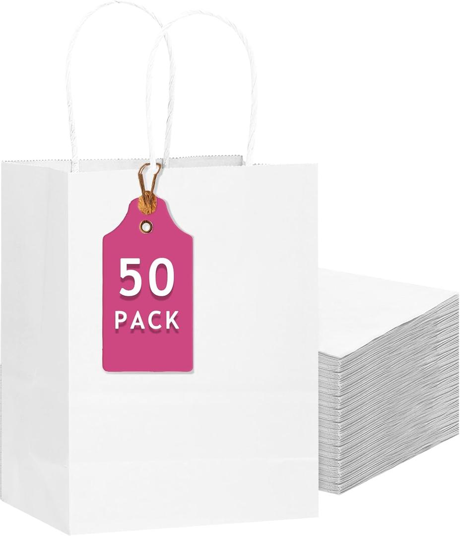 qiqee 50-Packs White Paper Gift Bags with Handles Bulk 13"x10.3"x4.6" Large Size Party Favor Bags Multiple Uses
