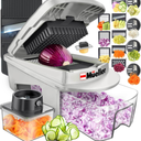 Mueller Pro-Series All-in-One, 12 Blade Mandoline Slicer for Kitchen, Food Chopper, Vegetable Slicer and Spiralizer, Cutter, Dicer, Grater, Kitchen Gadgets Sets with Container, White Sand/Gray