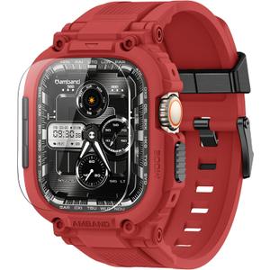 amBand Bands Case Screen Protector Compatible with Apple Watch Ultra 3/2/1 49mm, M1 Sport Series Rugged Cover Strap and 9H Tempered Glass Film, Protective Bumper for iWatch 49 mm Men - Mars Red