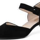 RIBONGZ Comfortable Kitten Heels for Women Pointed Closed Toe Ankle Strap Buckle Heels Slip on Low Heel Church Pumps Wedding Bridal Party Dressy Shoes (10, Black)