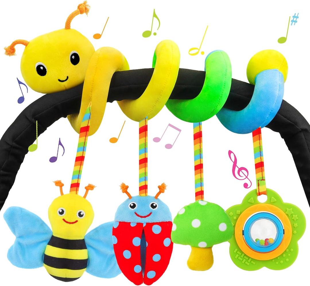 FPVERA Car Seat Toys for Babies 0-6 Months Upgraded Version Spiral Car Seat & Stroller Activity Toy, Soft Plush Hanging Toys with Rattles, Best Gift for Ages 0 and Up (Yellow+Green+Blue)