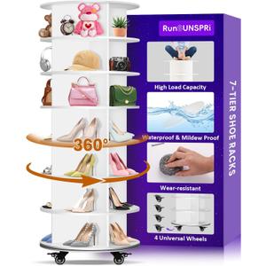 7 Tier Rotating Shoe Rack with 4 Universal Wheels, 360 Revolving Free Standing Shoe Organizer, Multifunctional Storage Revolving Shoe Rack Tower, Spinning Shoe Racks Display Lazy Susan Equipped