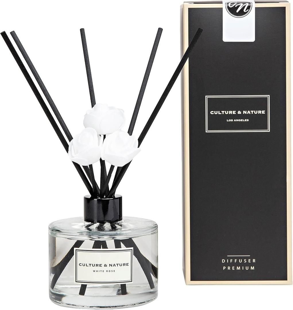 CULTURE & NATURE Reed Diffuser Set 6.7oz (200ml) White Rose Scented Diffuser with Sticks Home Fragrance Reed Diffuser for Bathroom Shelf Decor