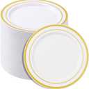 BESTSTAR 7 Inch White with Gold Rim Plastic Plates,100PCS Disposable Dessert/Appetizer/Small Cake Plates,Heavy Duty Plate Ideal for Christmas, Wedding and Birthday