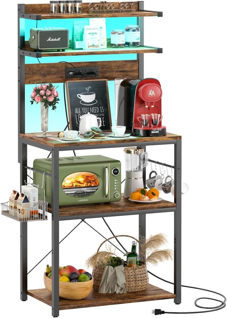 Aheaplus Bakers Rack with Power Outlet, Microwave Stand, 5 Tiers Coffee Bar Station with Led Lights, Kitchen Storage Shelf with 6 S-Shaped Hooks, Kitchen Rack for Spices, Pots and Pans, Rustic Brown (23.6 inch)