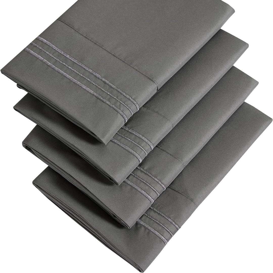 YIYEA Pillow Cases Queen Size Set of 4, Ultra Soft 1800TC Hotel Quality Double Brushed Microfiber Embroidered Pillowcases, Envelope Closure, Fade Resistant (20"x30", Dark Grey)