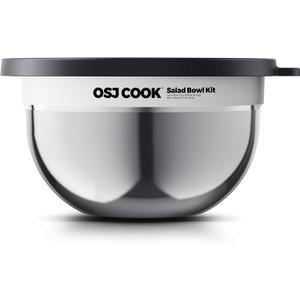 18/8 Stainless Steel Salad Bowl Kit - 74oz, Mixing Bowls with Lids Set, Teakwood - Comes with 1.7oz Condiment Container and Removable Tray for Organization - Leak-Proof, Dishwasher Safe (Mirror)