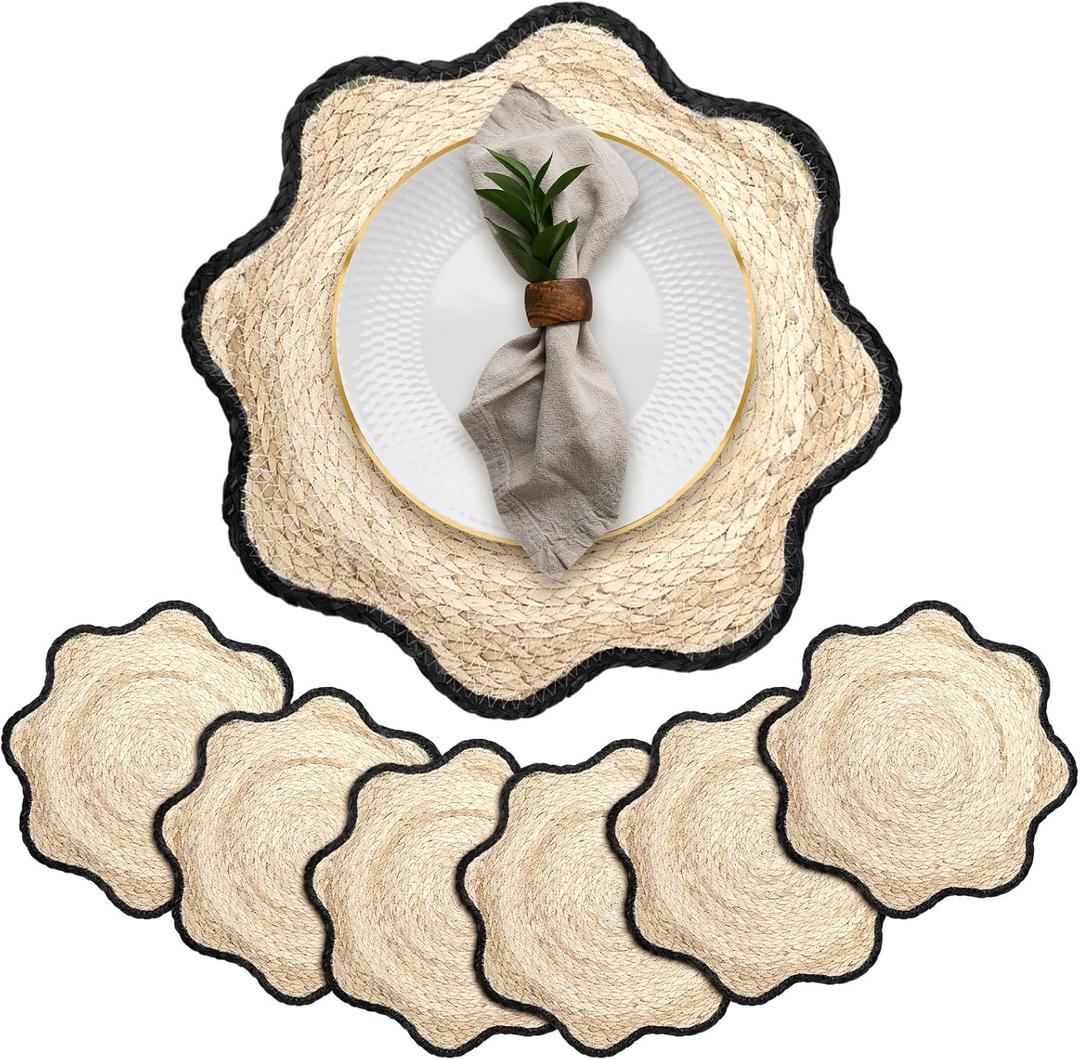 Jingmore 6 Pcs Wedding Placemats 15 Inch Handwoven Scalloped Placemats Boho Rattan Chargers for Dinner Plates Farmhouse Mats for Dining Table Decoratin Wedding Party Supplies (Black)