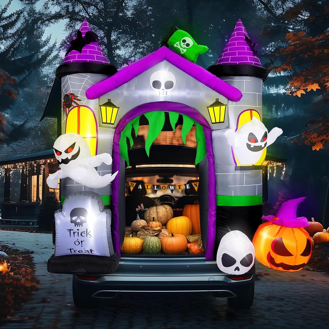 5.9 ft Halloween Inflatable Trunk or Treat Car Decorations Kit Blow up Ghost and Pumpkin SUV Halloween Decor with Build-in LED Zombie Decor for Yard Lawn Outdoor Garden(Haunted Castle)