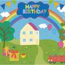 Pig Happy Birthday Backdrop for Boy & Girl - 7x5ft Durable Fabric Photo Studio Photography Background - Cartoon Ferris Wheel Rainbow Baby Shower Decorations (Blue)