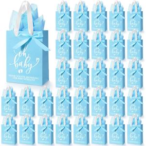 PerKoop 25 Packs Baby Shower Gifts Bags Bulk Baby Shower Party Favor Bags with Handle Paper and 25 Sheets Decorative Tissue Paper for Guests Gender Reveal Supply(Blue)