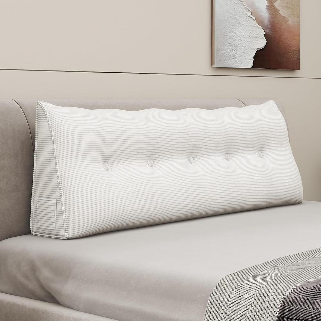 Wedge Pillow Headboard Triangle Bolster Pillow for Sitting in Bed Adults Reading Pillows Backrest Support, Corduroy Headboard Pillows Daybed Sofa Body Pillow Positioning Cushion (Queen,White), Queen:59x8x20''